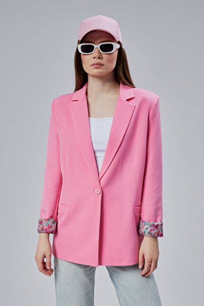 Bolivente Pink Double-Breasted Collar Sleeve Fold Detail Regular Padded Blazer Jacket