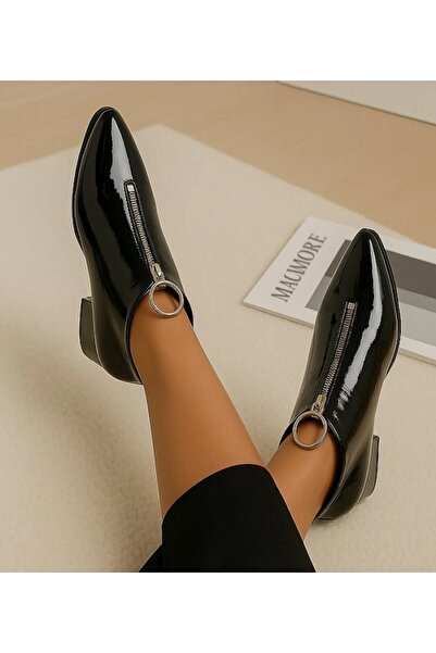 HKM shoes Önden Fermuarlı Siyah Sivri Burunlu Parlak Rugan Kısa Deri Kadın Günlük Bot Qadın Qara Boots