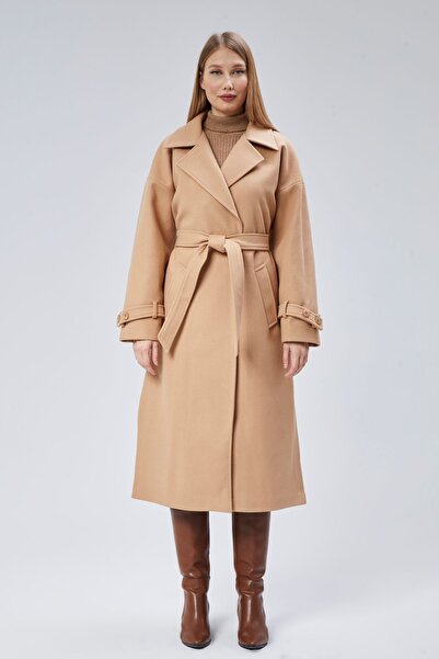 Bolivente Довгий оверсайз вовняний кашеміровий пальто з поясом Camel