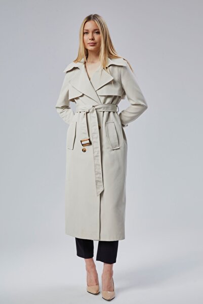 Bolivente Kadın Kemerli Rüzgarlık Detaylı Uzun Trençkot