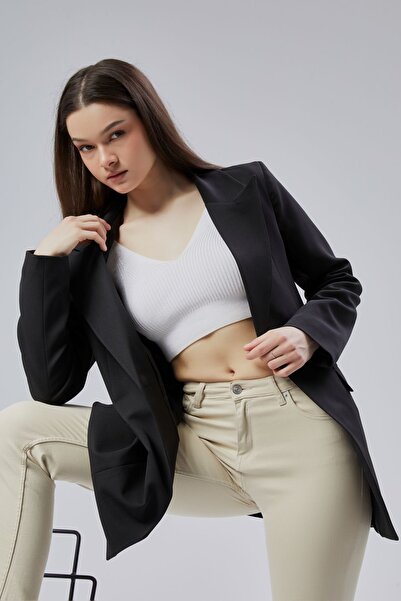Bolivente Siyah Kruvaze Uzun Blazer Ceket