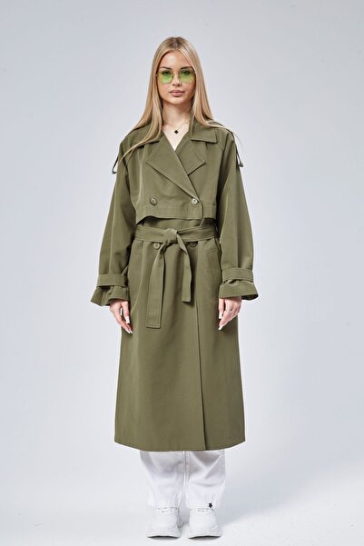 Bolivente Haki Oversize Kruvaze Kapama Rüzgarlık Detaylı Trençkot 44956