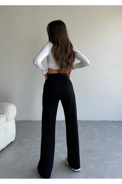 glanour Black Palazzo Trousers Women's Lycra Velcro Closure Crepe Belt Elastic
