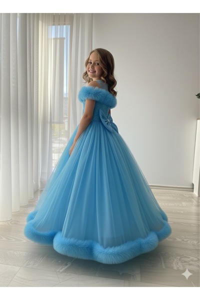 BİLGEN Style KIZ ÇOCUK TARLETAN LI KEMER TEDAYLI DÜŞÜK KOL ŞIK ÖZEL GÜN VE DÜĞÜN KOPMSETTİ ABİYE ELBİSE