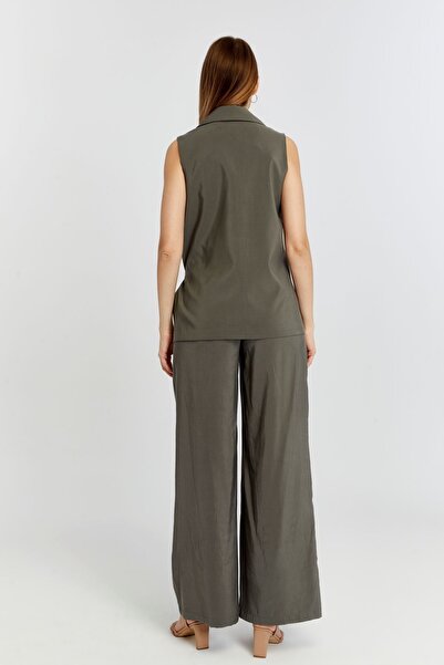 Bolivente Haki Geniş Paça Dokuma Pantolon