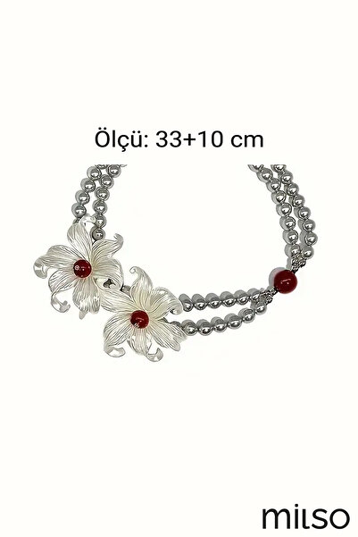MİLSO İris Çiçekli Tatlısu İnci Kolye – Gümüş Tonlu, Çift Katmanlı, Choker Model