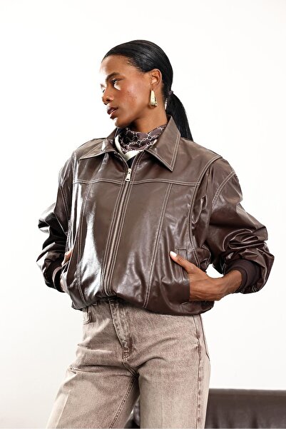 5in1Canpolat Brown Contrast Stitched Leather Bomber Jacket