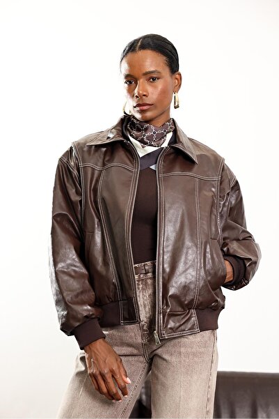 5in1Canpolat Brown Contrast Stitched Leather Bomber Jacket