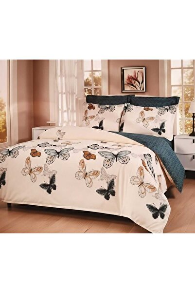Pucioasa Bed Linen 2 Persons, Fine Thick, 6 Pieces, Brown/Grey Butterflies on Beige Background - Sheet 230x250 cm