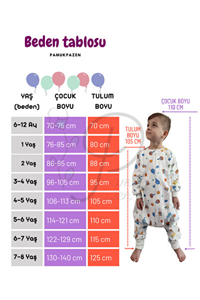 RUKİYE YAVUZ Pamuk Pazen Long Sleeve Winter Children's Baby Sleeping Bag 100% Cotton Special Design 20-24 °   Extra Soft