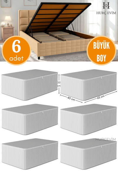 HURCEVİM 6 Adet - Antrasit Çizgili Büyük Boy Hurç Seti - Baza Altı Ve Çekyat Tipi Organizer - 65 x 45 x 22 Cm
