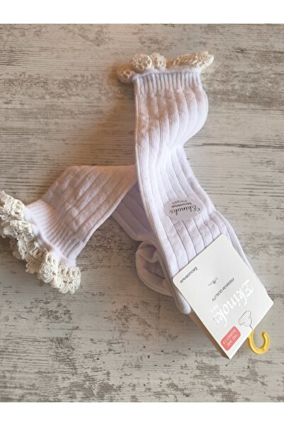 Ekinoks Girl's Knee-High Socks Cotton Ribbed Lace Fragrant Breathable Anti-Sweat Single White