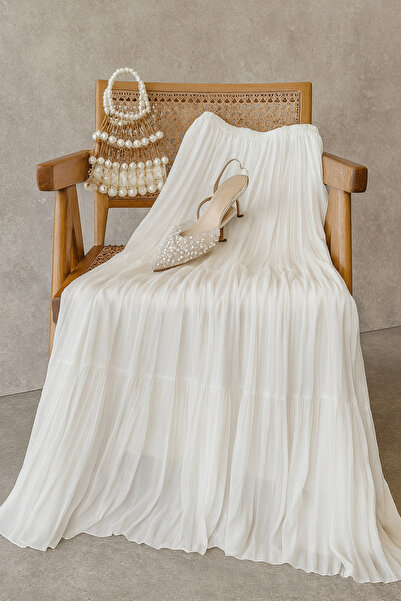 Liumday Beyaz Uzun Astarlı Pileli Şifon Etek