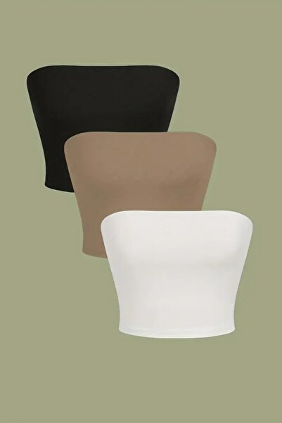 Olyssia Дамски комплект от 3 части без презрамки бюстие къса блуза / прилепваща по тялото еластична шик бандо блуза