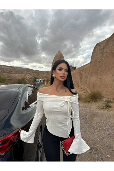 albaroda Γυναικεία Μπλούζα Εκρού Χοντρό κοτλέ Γιακάς Μαντόνα λεπτομέρεια με σούρες