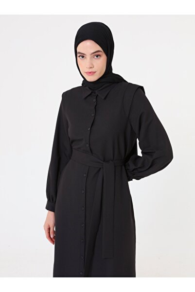 Refka Lace-Up Detailed Crepe Fabric Hijab Dress - Black - Refka