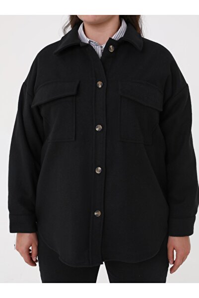 ALİA Büyük Beden Cep Detaylı Oversize Kaşe Ceket - Siyah- Alia