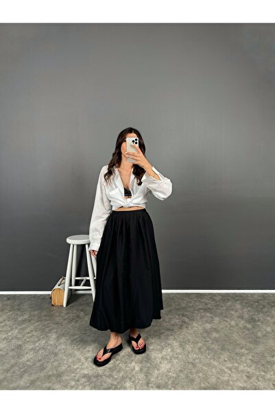 GAMZE ALPTEKİN Black Elastic Waist Poplin Skirt with Side Pockets