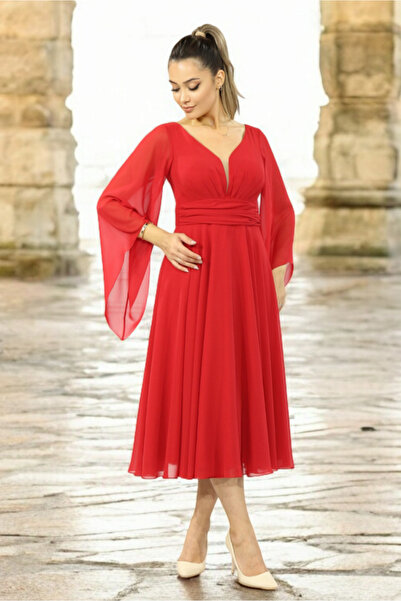 FaBe Fashion Uzun Volan Kollu Kalp Yaka Beli  Büzgülü Midi  Beyaz Şifon Elbise Nikah-nişan-söz-dış Çekim