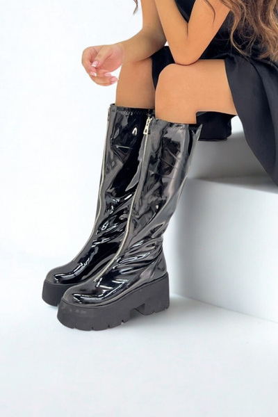 inizio Black Patent Leather Stretch Women's Boots P9030