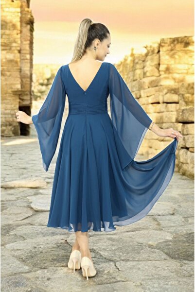 FaBe Fashion Uzun Volan Kollu Kalp Yaka Beli  Büzgülü Midi  Beyaz Şifon Elbise Nikah-nişan-söz-dış Çekim