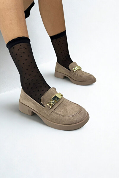 inizio Loafer de damă cu cataramă din piele intoarsa bej GD1122