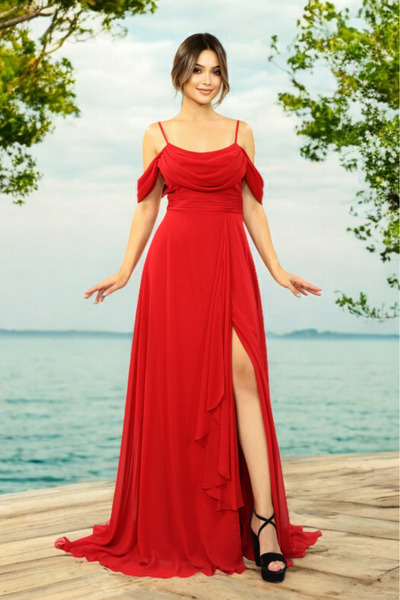 FaBe Fashion Ip Askılı Degaje Yaka Düşük Omuzlu Yırtmaçlı Sırtı Bağcıklı Şifo...