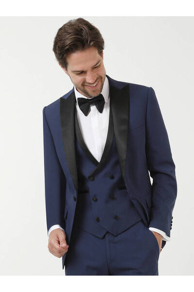 Kip Saks Düz Slim Fit Demonte Yaka Dokuma Y Smokin Takım Elbise