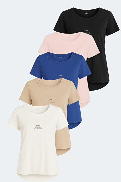 Slazenger Viraj Set of 5 Women's T-Shirts - Ecru - Black - Beige - Fuchsia - Saks Blue
