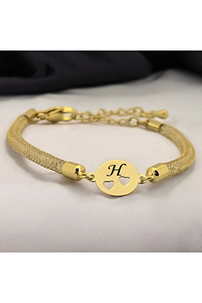 ARCHINO GOLD Altın Plakalı 14 Ayar H Harfli Hasır Kordonlu Kalp Detaylı Oval ...