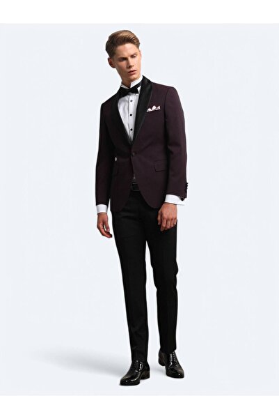 Kip Bordo Slim Fit Şal Yaka Dokuma Smokin Takım Elbise