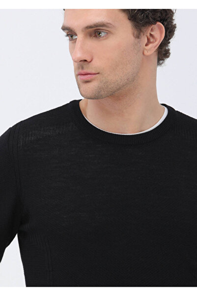 Kip Siyah Bisiklet Yaka Yün Karışımlı Triko Kazak