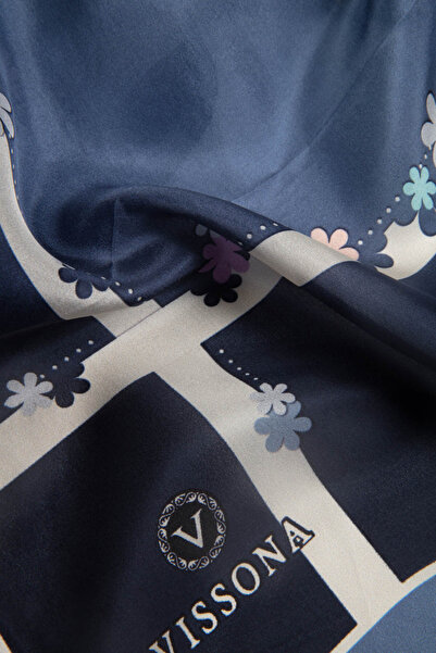 Vissona 100% Silk Floral Patterned Indigo Colored 92X210 Shawl