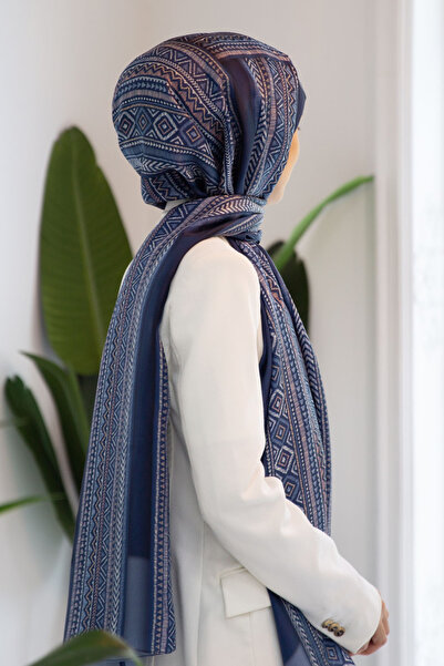Vissona 100% Silk Ethnic Patterned Dark Blue - Indigo Colored Shawl