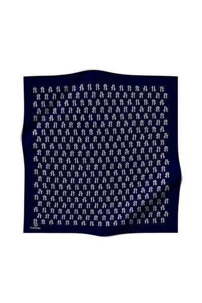 Vissona 57% Silk 43% Viscos Twill Silk Geometric Pattern Navy Blue - Cream Colored 90X90 Scarf Planting Shape :