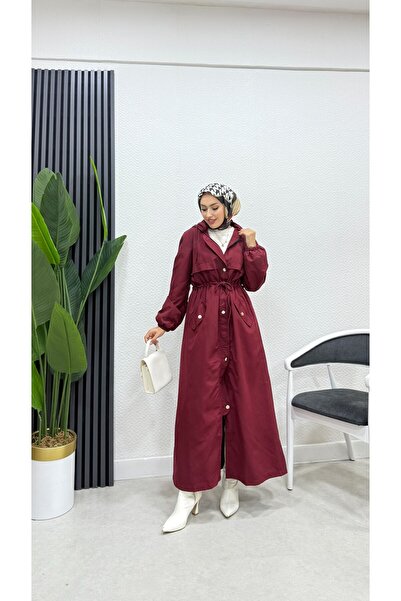 BURCU TESETTÜR Belden Kemer Detayli Uzun Trençkot Brc1908 Bordo