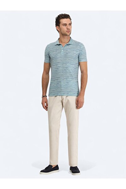 Kip Dark Mint Printed Polo Neck Linen Blend T-Shirt