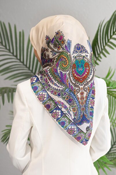 Vissona 100% Twill Silk Ethnic Patterned Cream Colored 90X90 Planting Shape : Hand Sewing Scarf