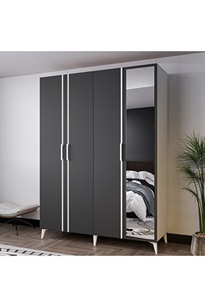 AZZURİ MEZZO 140 cm 4 Kapaklı Aynalı Genç Odası Dolabı-Gardırop-Dolap Antrasit Beyaz AZR14049