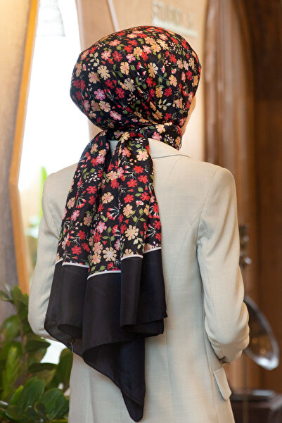 Vissona 100% Silk Crispy Flower Patterned Black - Burgundy Colored 92X210 Shawl