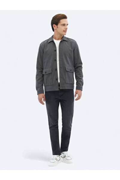 Kip Gri Fitilli Regular Fit Dokuma Kadife Overshırt