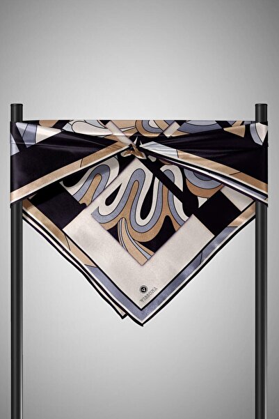 Vissona 57% Silk 43% Viscos Twill Silk Geometric Patterned Beige - Gray Colored 90X90 Planting Shape: Hand Sewing Match