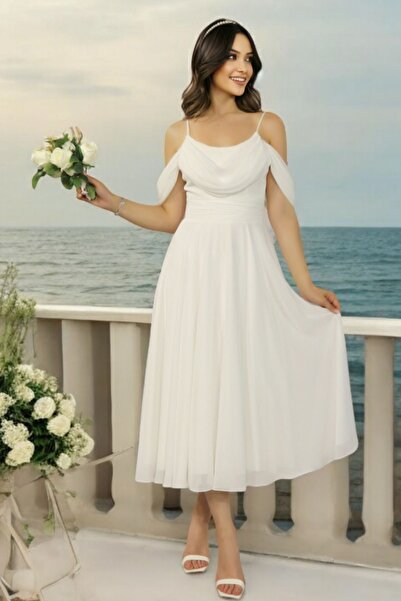 FaBe Fashion İnce Askılı Degaje  Yaka  Midi  Beyaz Şifon Elbise Nikah-nişan-söz-dış Çekim