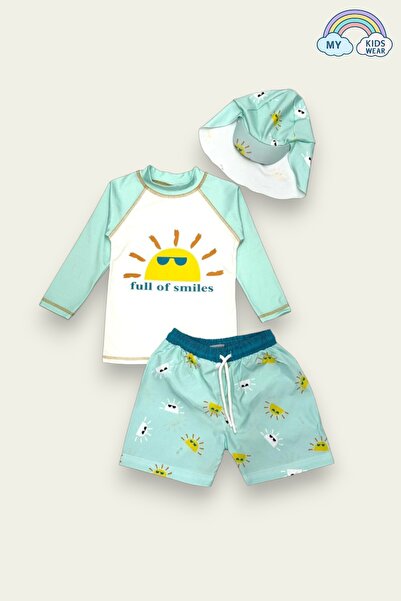 My Kids Wear Güneş Korumalı Boneli Karakter Desenli Deniz Şortlu Mayo Takım