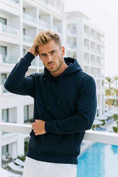 Rich Men's Navy Blue Cotton Pocket Detailed Hooded Sweatshirt