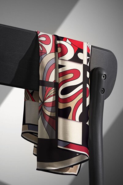 Vissona 57% Silk 43% Viscosa Twill Silk Geometric Patterned Beige - Red Color 90X90 Sewing Shape: Hand Sewing