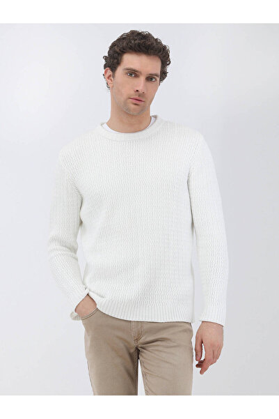 Kip Ekru Bisiklet Yaka Pamuk Karışımlı Triko Kazak