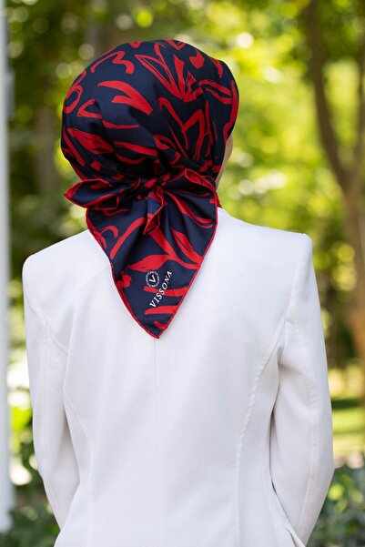 Vissona % 57 İPEK % 43 VİSKON Twill İpek Büyük Çiçek Desenli Lacivert - Kırmı...