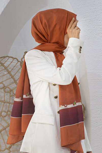 Vissona 100% Silk Floral Patterned Tan Colored 92X210 Shawl