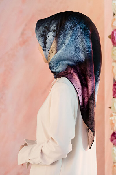 Vissona 57% Silk 43% Viscose Twill Silk Textured and Geometric Patterned Mint Green - Lilac Colored 90X90 Scarf D